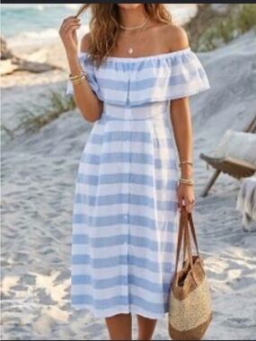 Lulu's NWT Blue and White Off-Shoulder Striped Midi Dress